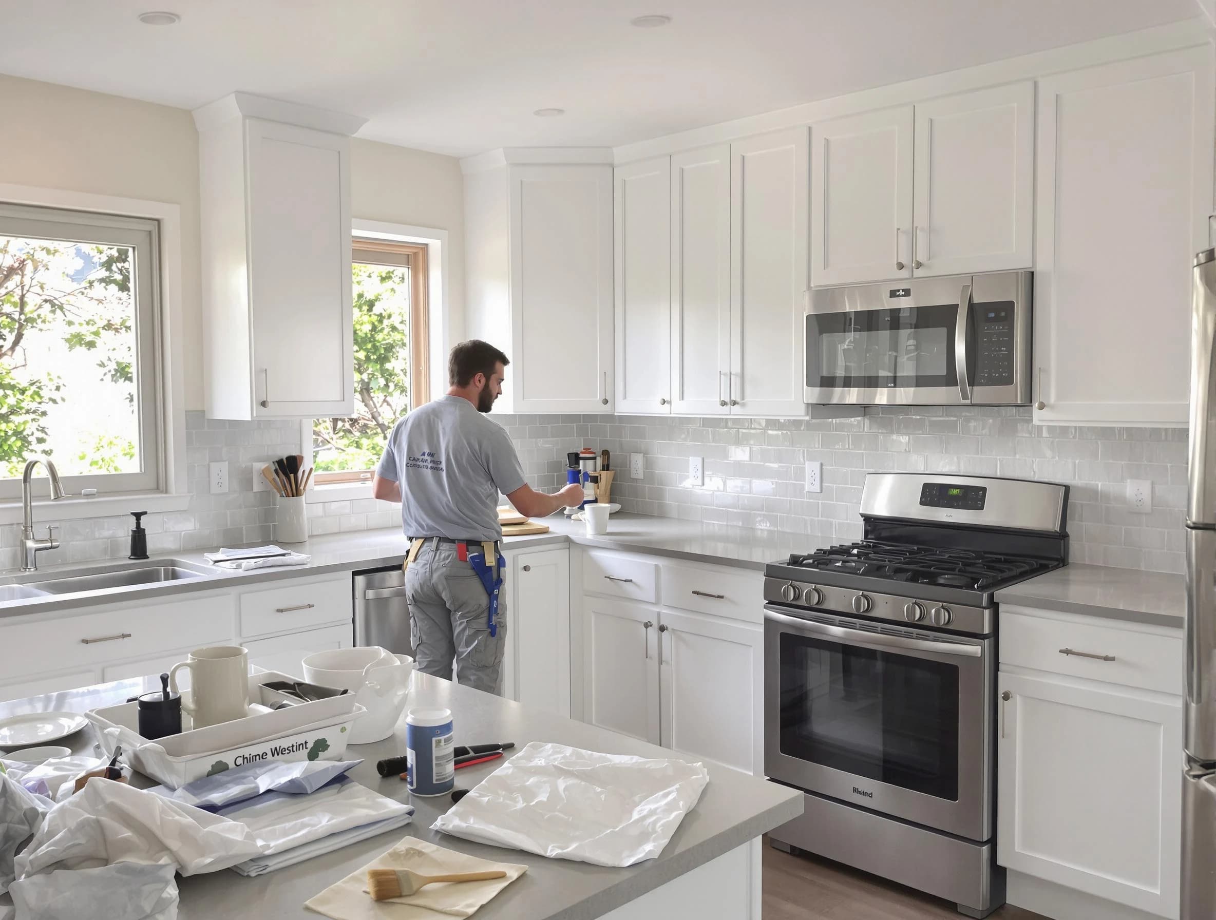 Coolidge House Painters applying fresh paint on kitchen cabinets in Coolidge